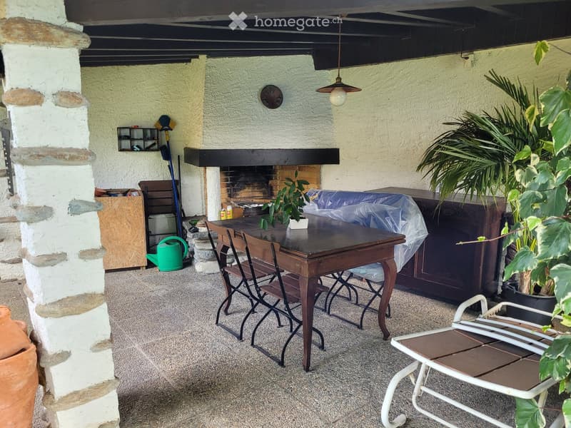 Covered outdoor area with a fireplace, wooden table and chairs, potted plants, and various household items and storage containers
