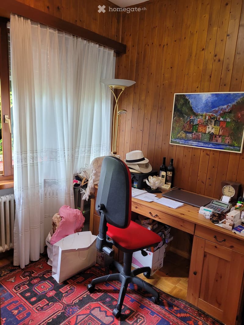 The image shows a home office space with a wooden paneled wall, a desk with a computer and various office supplies, a red office chair, and a colorful area rug on the floor. There is also a painting on the wall and some personal items like a hat and wine
