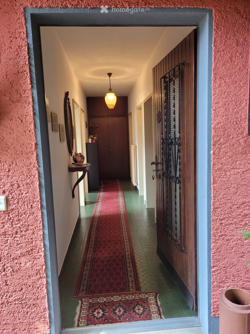 The image shows a hallway with a red patterned rug running down the center. The walls are a light color, and there is a pendant light fixture hanging from the ceiling. There appears to be a door or entryway on the right side of the hallway, and some artwo