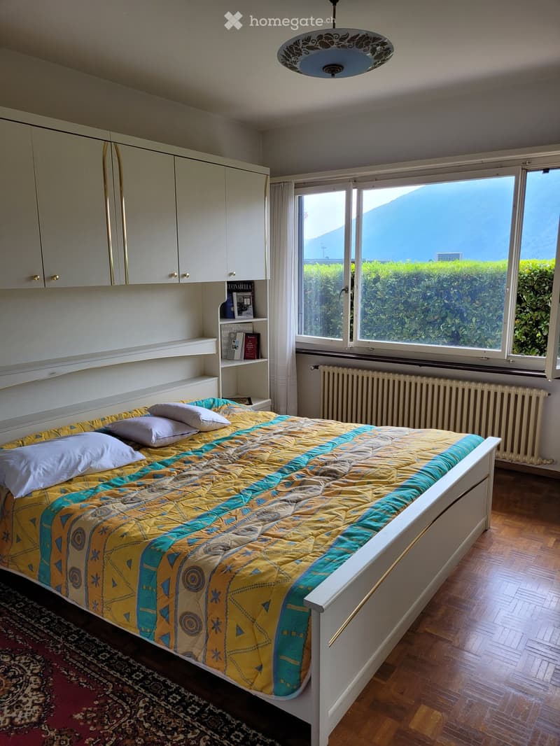 Spacious bedroom with large windows providing a scenic view, white built-in cabinets, a queen-size bed with a colorful patterned comforter, and a decorative ceiling light fixture.