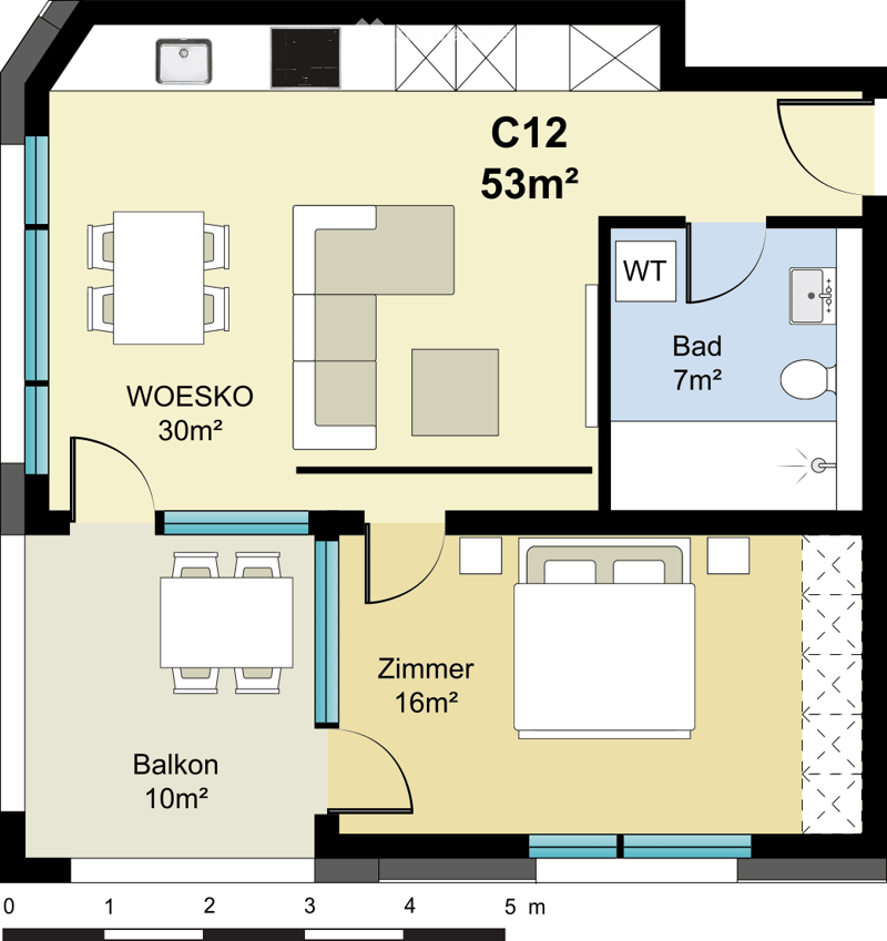 Floor plan of a 53m² apartment with a 30m² living area, 16m² bedroom, 7m² bathroom, and10m² balcony.