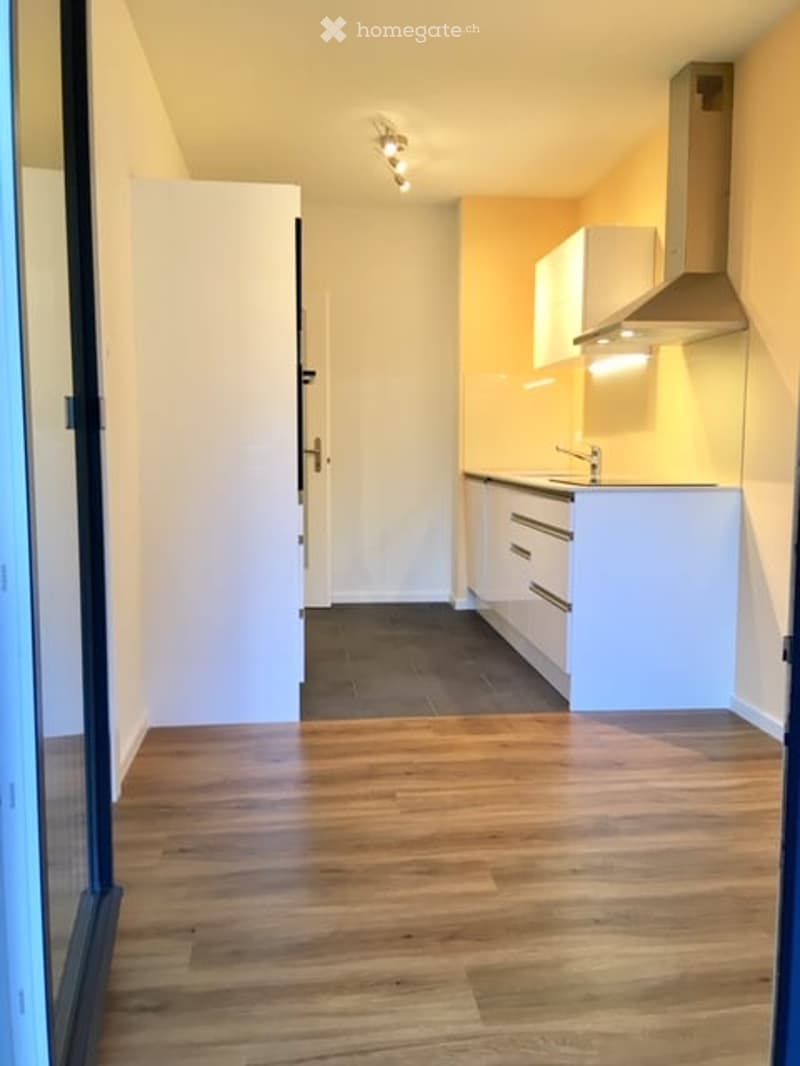 Modern kitchen with white cabinets, a sink, a range hood, and warm lighting. The floor is wooden, and the walls are painted in a light orange color.