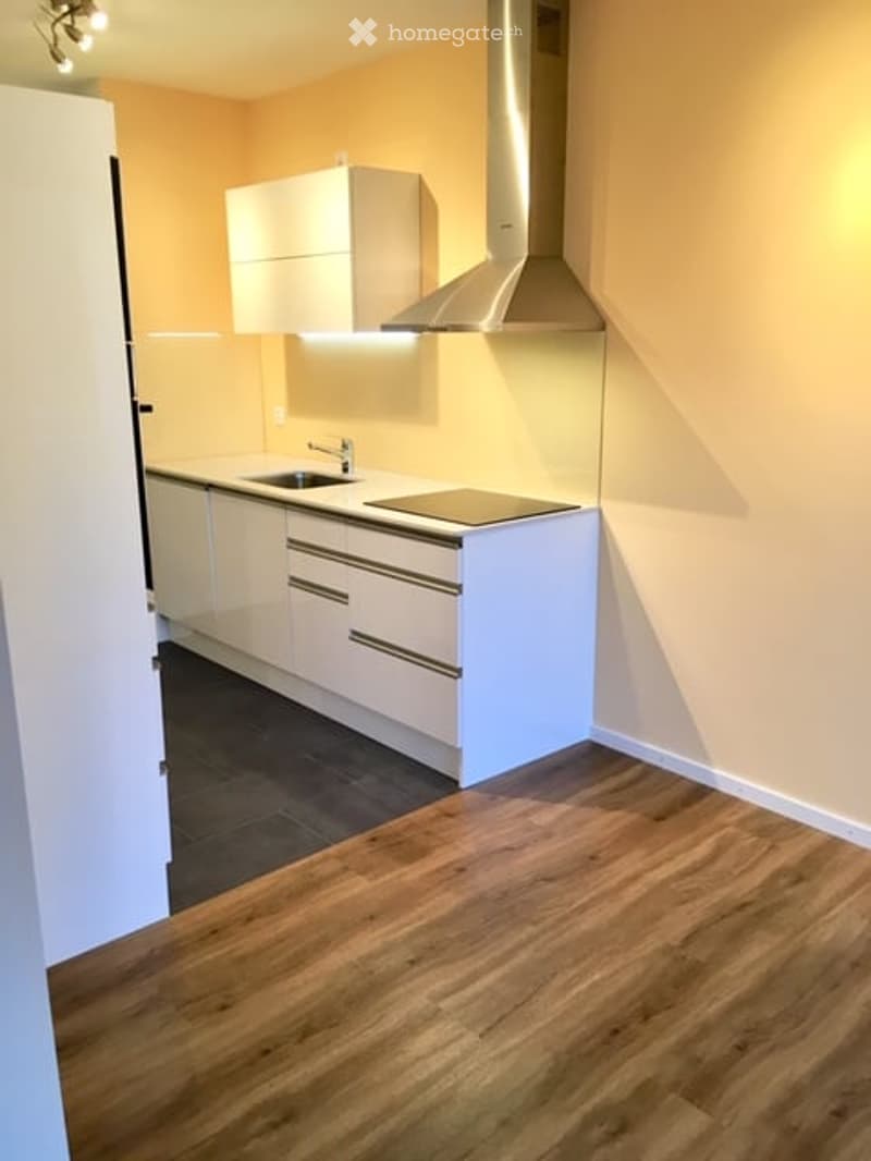 Modern kitchen with white cabinets, a stainless steel range hood, and a sleek electric stove. The space features a dark countertop, a sink with a modern faucet, and warm wooden flooring.