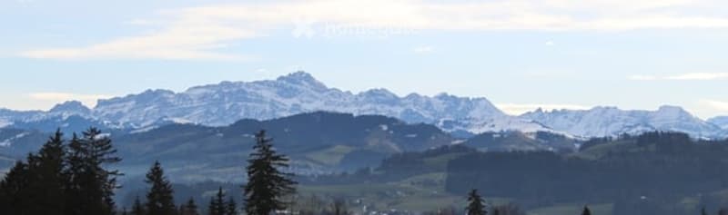 Mountain landscape with snow-capped peaks, green trees, and a valley below with houses and buildings. Clear blue sky with some clouds.