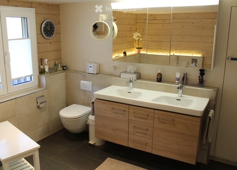 Bathroom with wooden walls, white sink, large mirror, modern toilet, faucet, window, toilet roll holder, shelf, cabinet, potted flower, trash can, towel holder, toiletries on the counter