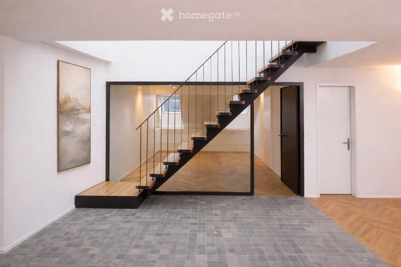 modern house, raised ground floor, wooden stairs, glass wall, wooden floor
