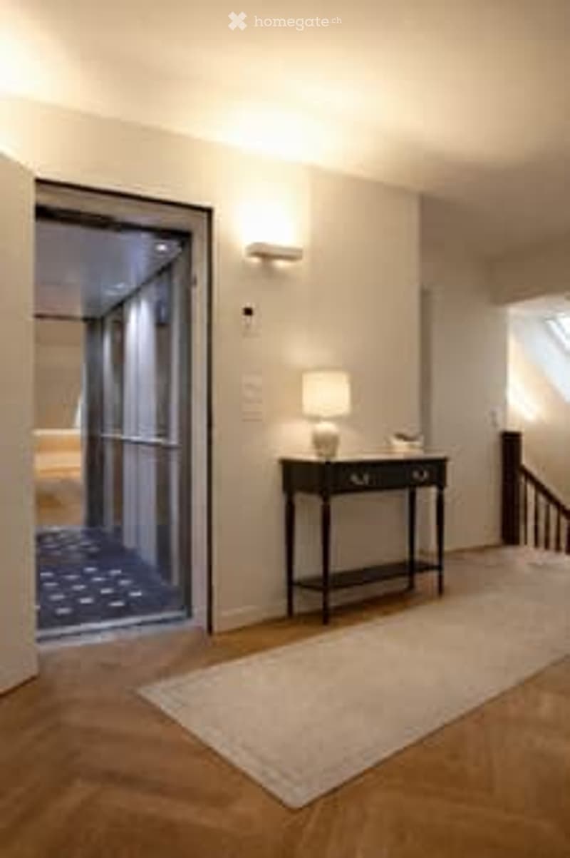A modern hallway with a small black table and a white lamp on top, wooden flooring, and a white rug.