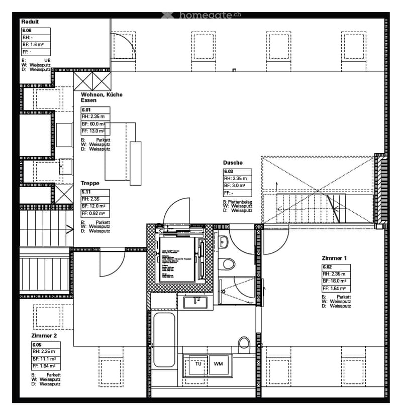Floor plan showing a living area, kitchen, dining area, hallway, two bedrooms, and a bathroom. Includes dimensions and floor materials.