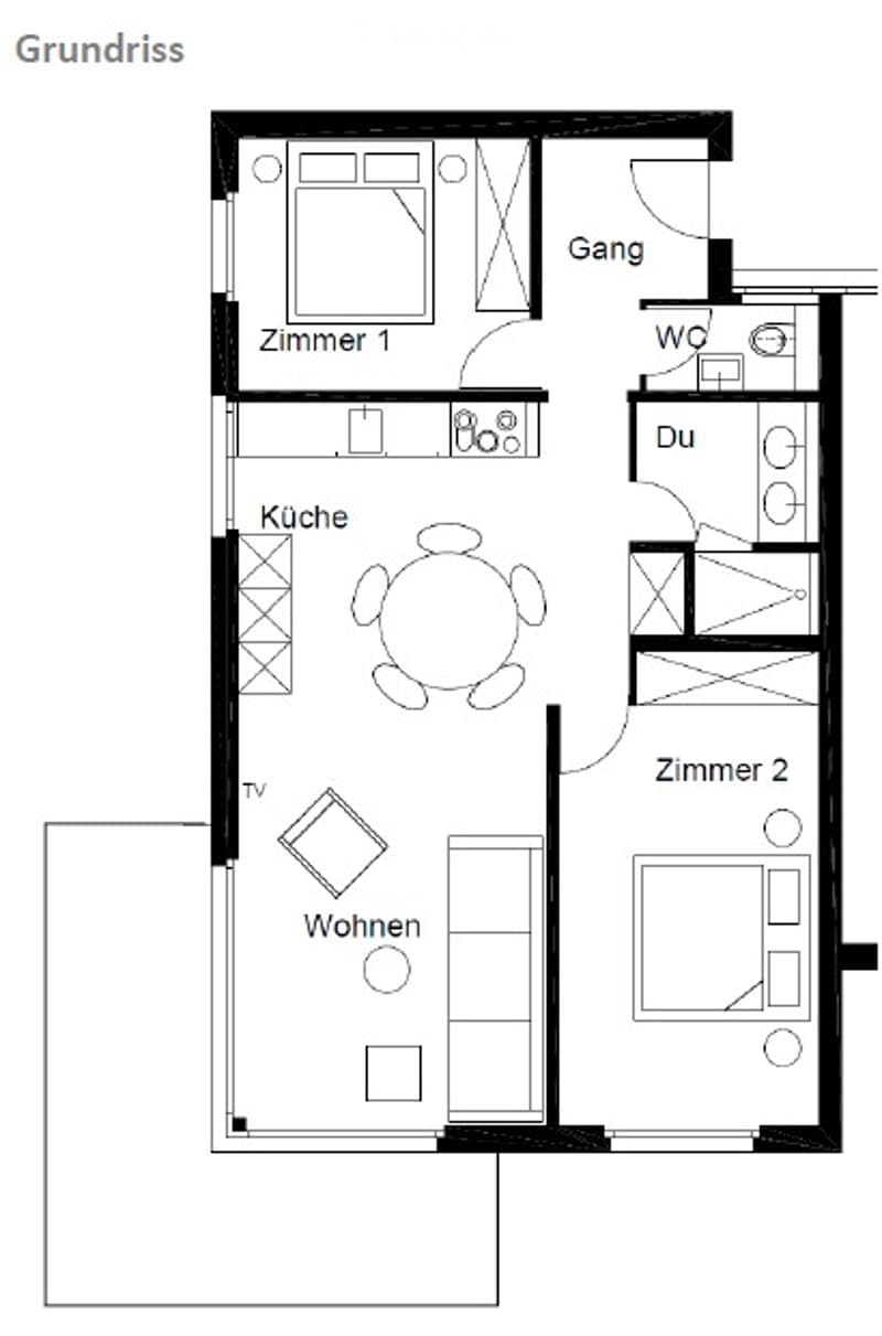Floor plan of a 3-room apartment with kitchen, living room, two bedrooms, bathroom, and hallway.