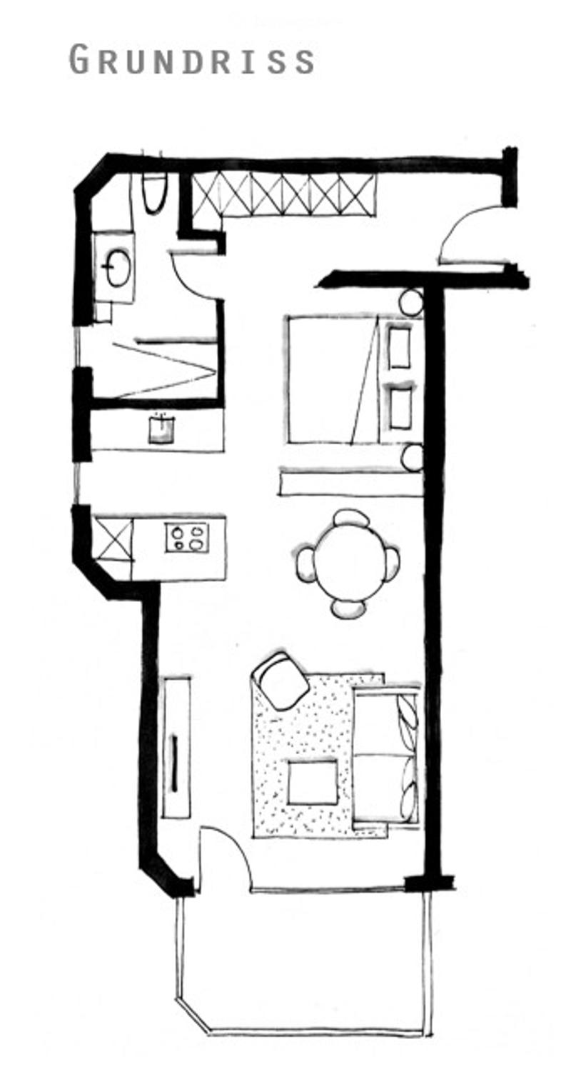 Floor plan of a 3-room apartment with a living room, bedroom, and bathroom. The layout includes a kitchen area, a small hallway, and a separate entrance.