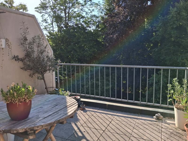 Balcony with wooden table, potted plants, and metal railing overlooking a green, tree-filled area.
