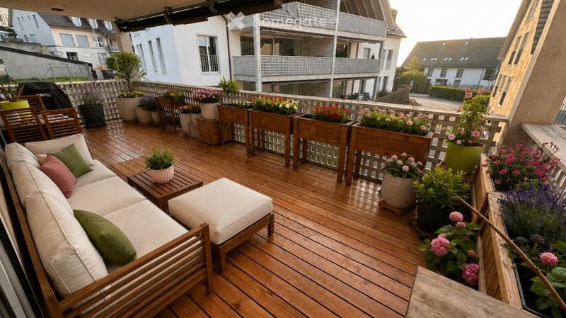 Wooden deck with white sofa, ottoman, small table, and multiple potted plants and flowers arranged along the railing.