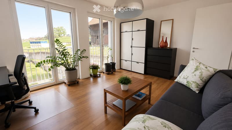 Modern living room with large windows and a balcony view, featuring a sofa, coffee table, chair, cabinet, mirror, laptop, vases, and potted plants.