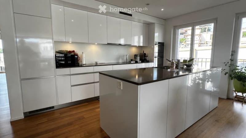Modern kitchen with white cabinets, black countertop, stainless steel sink, and various appliances including a microwave and coffee maker. A potted plant is placed on the windowsill.