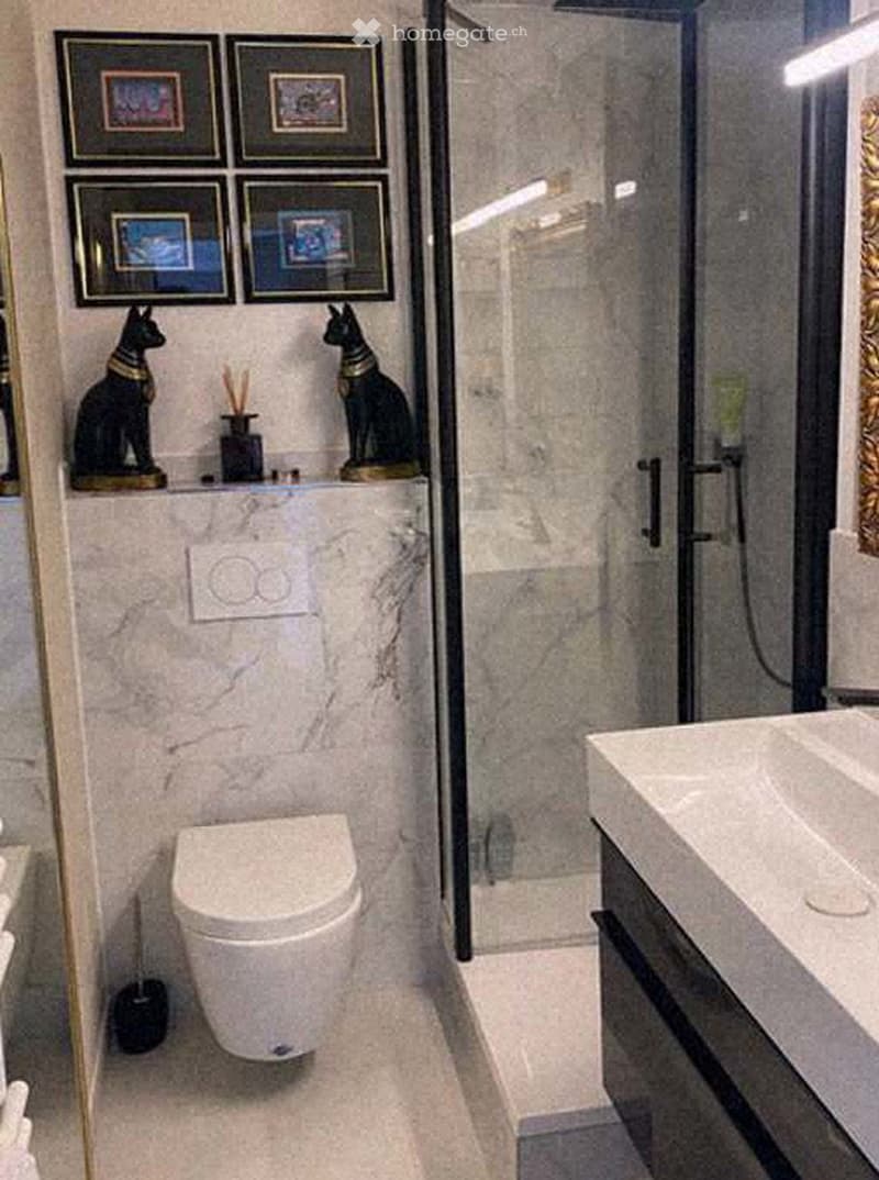 Modern bathroom with marble walls, a toilet, a sink with a countertop, framed pictures, and decorative cat statues.