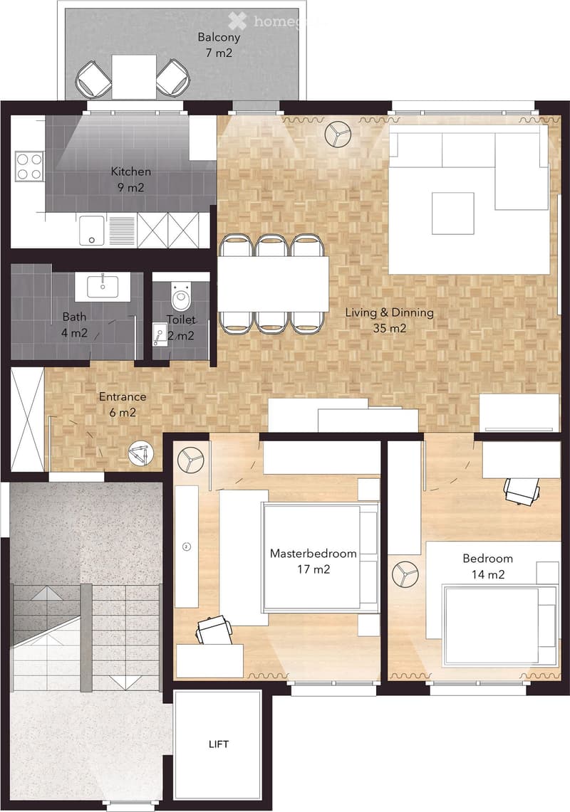 Layout includes a living and dining area, master bedroom, bedroom, kitchen, bathroom, toilet, entrance, and balcony.