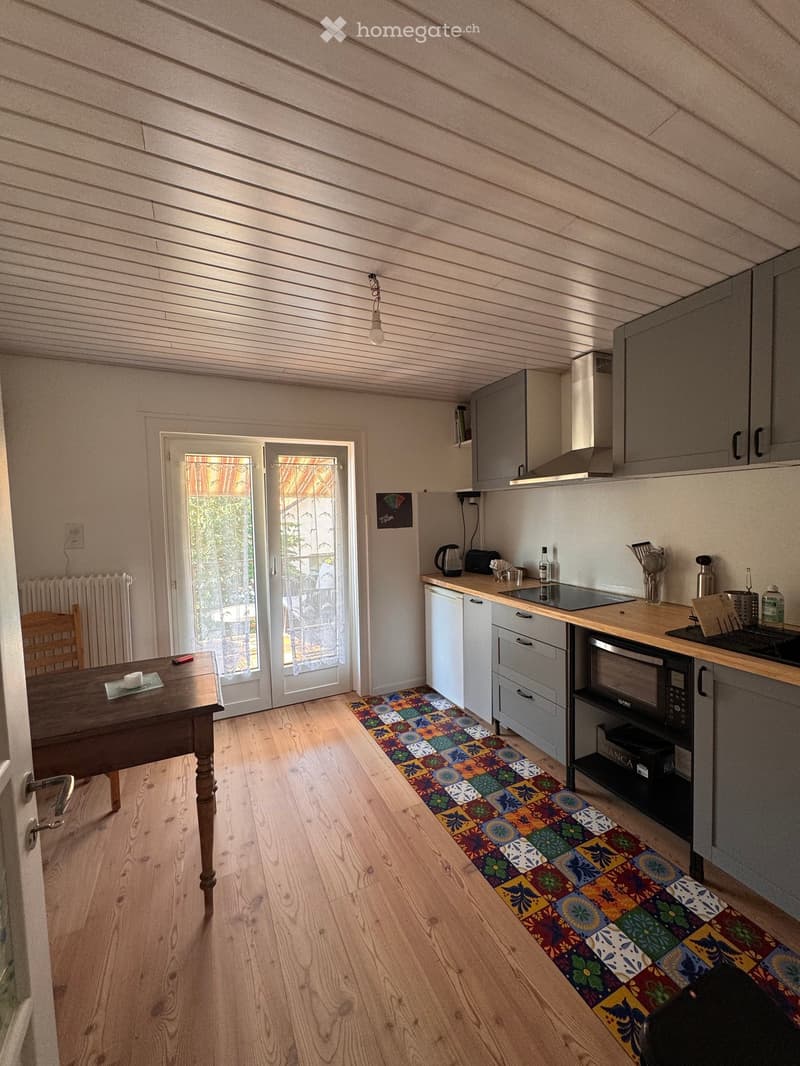 Modern kitchen with wooden flooring, grey cabinets, and a colorful patterned runner. Features a kitchen island with an induction stove, microwave, and various appliances. A wooden dining table and chair are positioned near a sliding glass door leading to