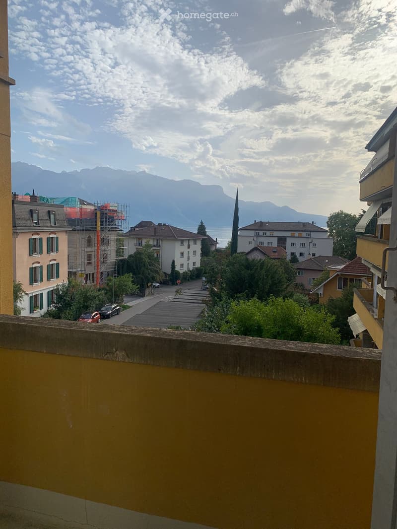 View from a balcony showing a street lined with parked cars, several residential buildings, and a distant view of mountains and a body of water.