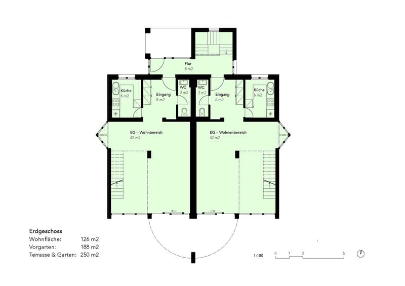 Ground floor floor plan showing two living areas, two kitchens, two bathrooms, and a hallway.