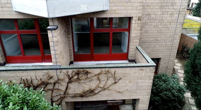 Modern building with brick facade, large red-framed windows, and decorative vine artwork on the wall.
