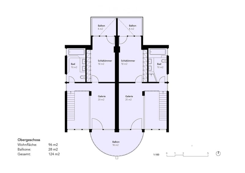 Floor plan of a 96 m² upper floor with two bedrooms, two bathrooms, two balconies, and two galleries.
