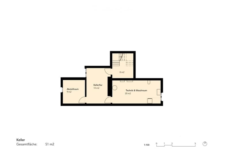 Floor plan of a basement level showing a storage room (9 m²), a cellar floor area (14 m²), a technical and laundry room (20 m²), and a utility space (8 m²).
