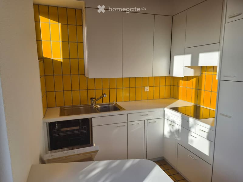 Modern kitchen with white cabinets, yellow tiled backsplash, stainless steel sink, oven, and dishwasher.