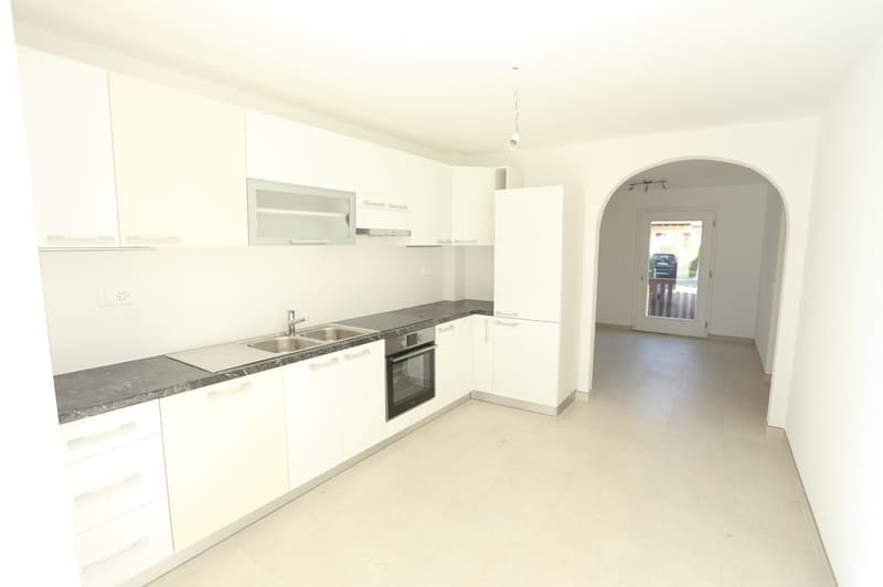 Kitchen. Modern kitchen with white cabinets, granite countertops, stainless steel sink, and built-in appliances.