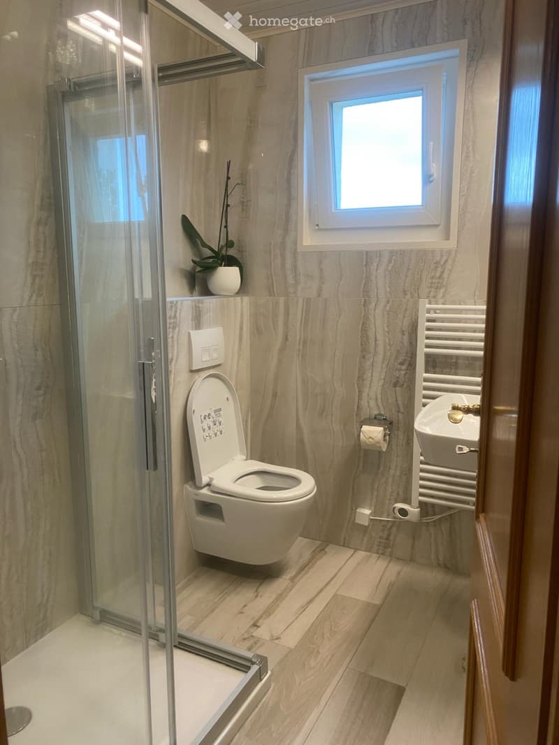 Bathroom. Modern bathroom with marble walls and floor, featuring a toilet, sink, radiator, and a glass-enclosed shower area.