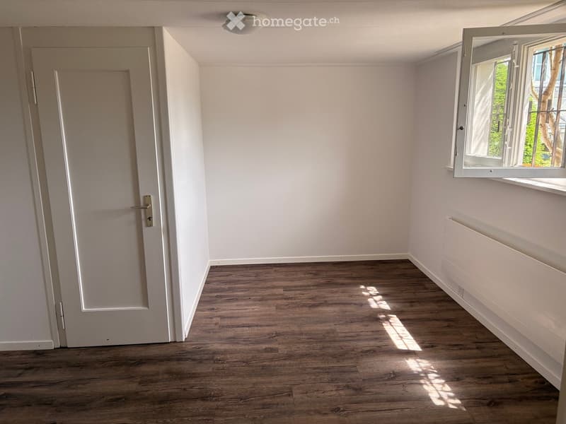 Empty room with light-colored walls, wooden flooring, a closed door, and a window with white frame allowing natural light to enter.