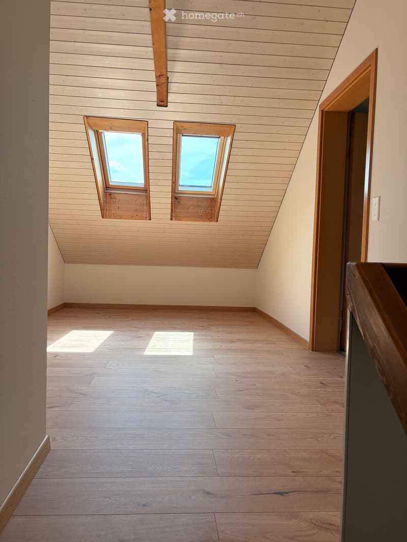 Empty attic space with wooden floors and slanted wooden ceilings, featuring two skylights and a wooden door leading to another area.