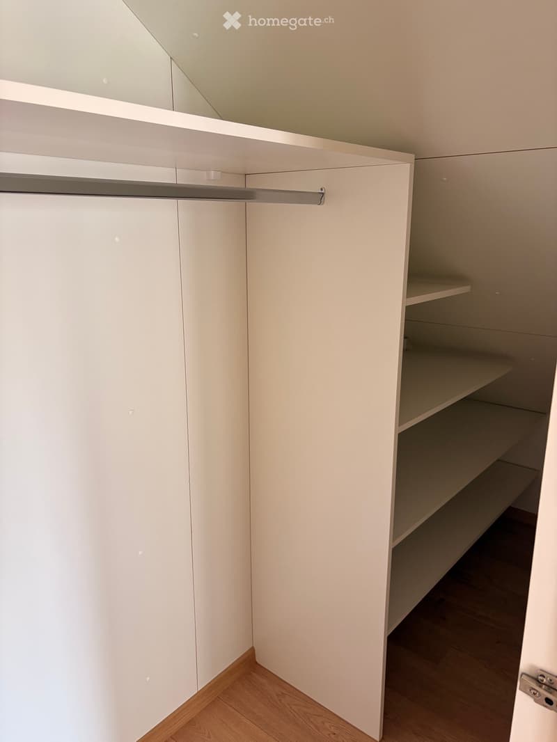 Empty closet with white cabinetry, wooden floor, and built-in shelves and hanging rod.