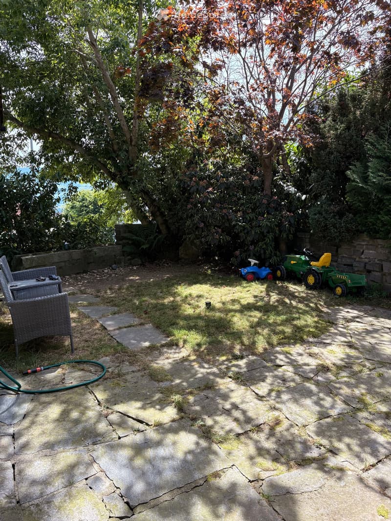 Garden area with stone patio, wicker chairs, toy tractor, toy car, and garden hose.