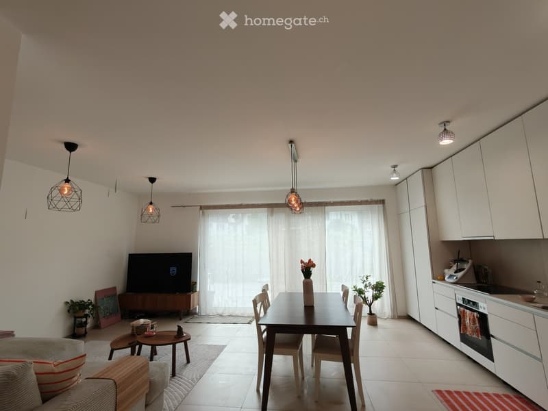 A modern, open-plan living and dining area with a sofa, coffee table, dining table with chairs, television, kitchen area with cabinets and appliances, pendant lights, and decorative plants.