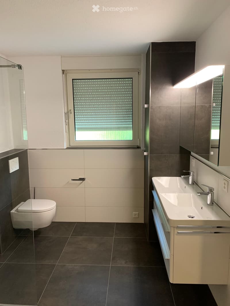Modern bathroom with dark tiled floor, white toilet, double sink with chrome faucets, mirrored cabinet, and large window with blinds.
