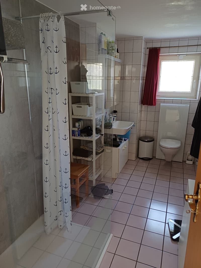 Bathroom with tiled floor and walls, shower area with glass enclosure and anchor-patterned curtain, toilet, sink, shelf with various items, small wooden stool, and a window with red curtain.