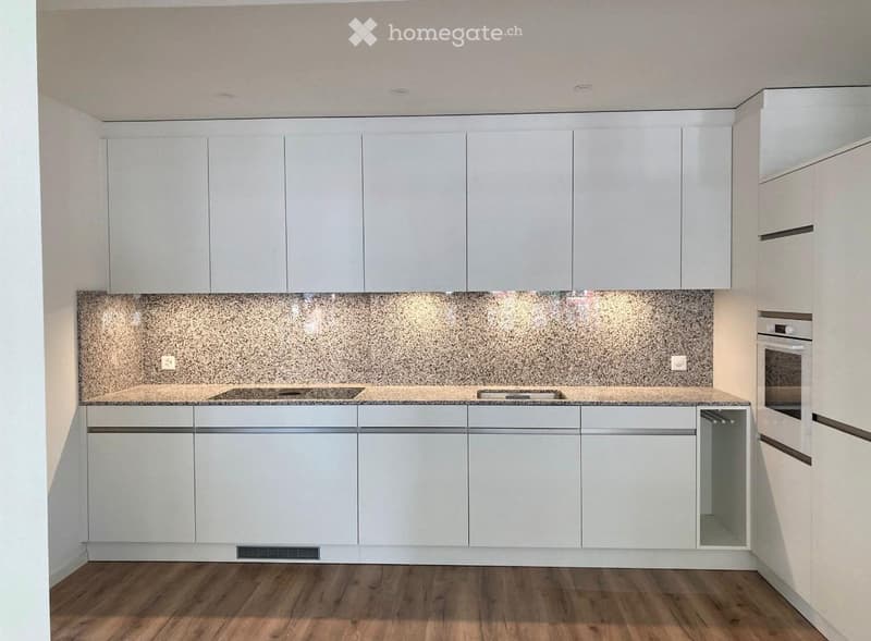 Modern kitchen with white cabinets, a granite countertop, and built-in appliances including a stove and oven. The backsplash features a textured, sparkling design.