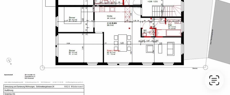 Floor plan of a 2-room apartment with kitchen, living/dining area, bedroom, and bathroom. Includes dimensions and room labels.