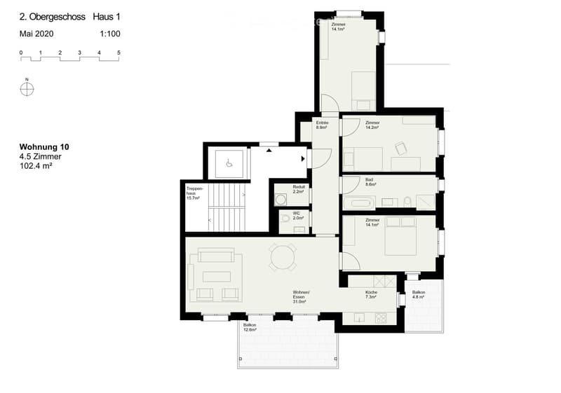 Floor plan of a 4.5-room apartment on the second floor, including living/dining area, kitchen, three bedrooms, bathroom, WC, and two balconies.