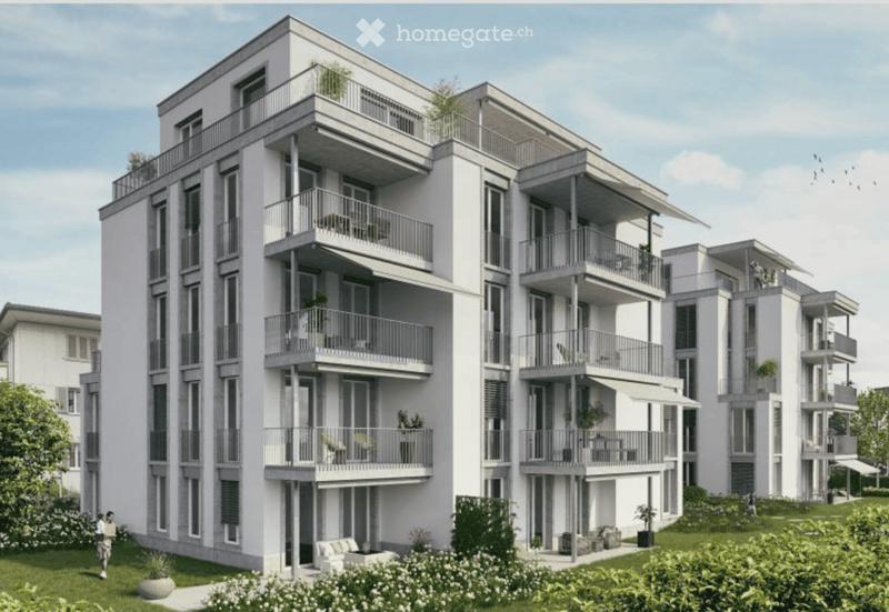 Modern multi-story residential building with balconies, greenery, and outdoor seating areas.