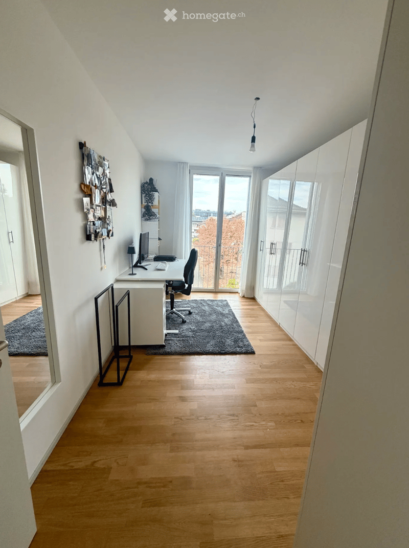 Bright, modern room with wooden flooring, large windows, and a desk setup with a computer and chair. Features a grey rug, built-in cabinets, and a mirror on the wall.