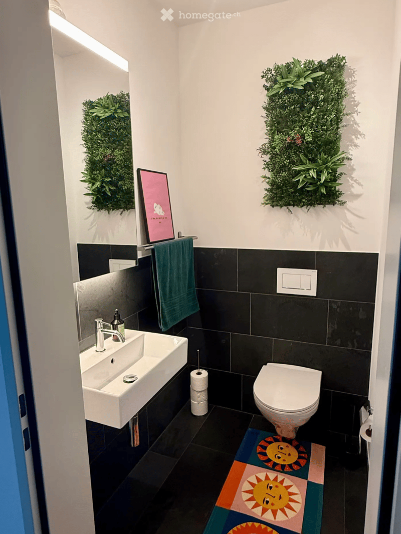 Modern bathroom with white sink, chrome faucet, toilet, green towel, toilet paper, and decorative wall-mounted plants.