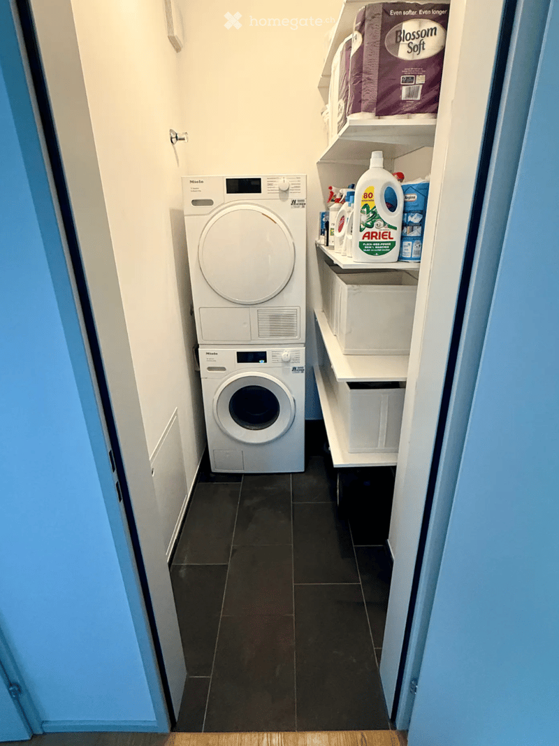 A small, well-lit laundry room with a washing machine, dishwasher, and shelves stocked with cleaning supplies and laundry products.