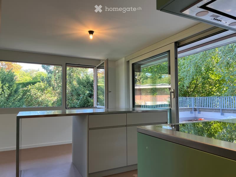 Modern kitchen with grey cabinets, a central island, and large windows overlooking a green area.