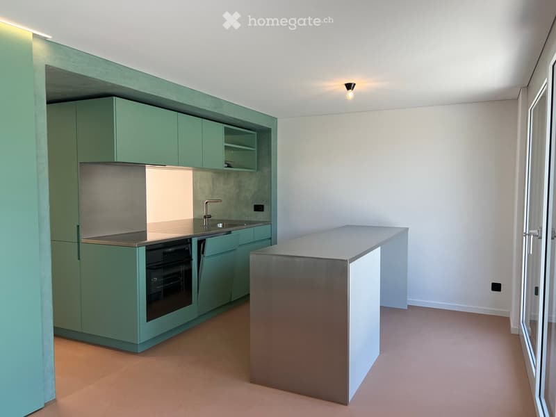 Modern kitchen with green cabinets, stainless steel sink, oven, and a central island counter.