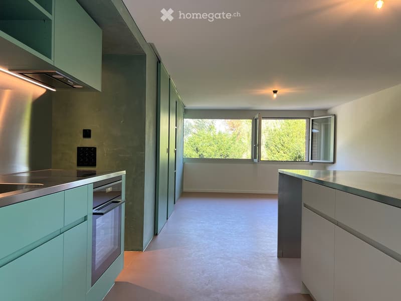 Modern kitchen with light green cabinets, stainless steel appliances, and large windows overlooking greenery.