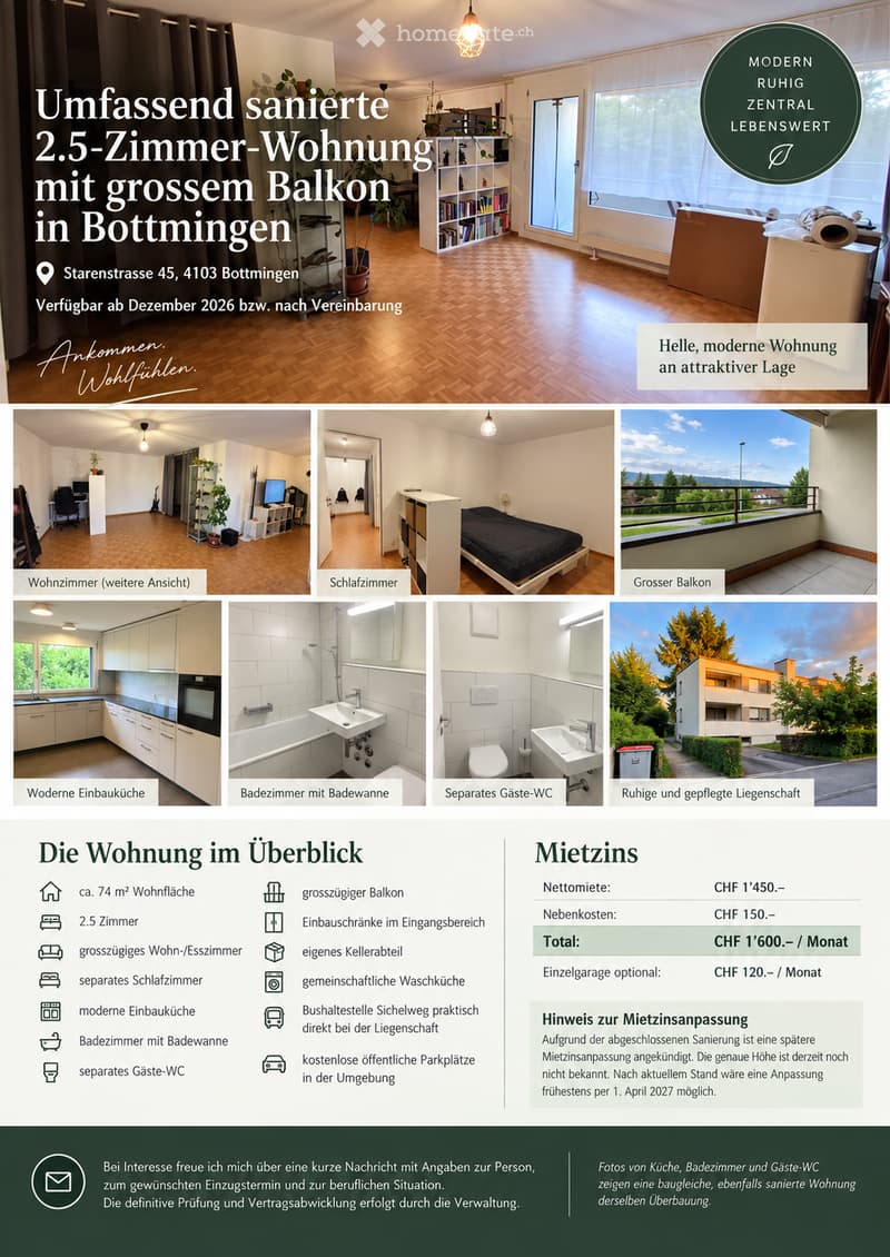 Modern2.5-room apartment with large balcony, featuring a living/dining room, separate bedroom, modern fitted kitchen, bathroom with bathtub, and separate guest WC.