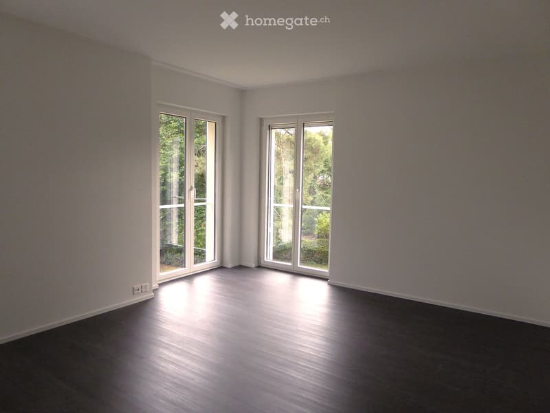 Empty room with light-colored walls, dark wooden flooring, and large sliding glass doors leading to an outdoor area.