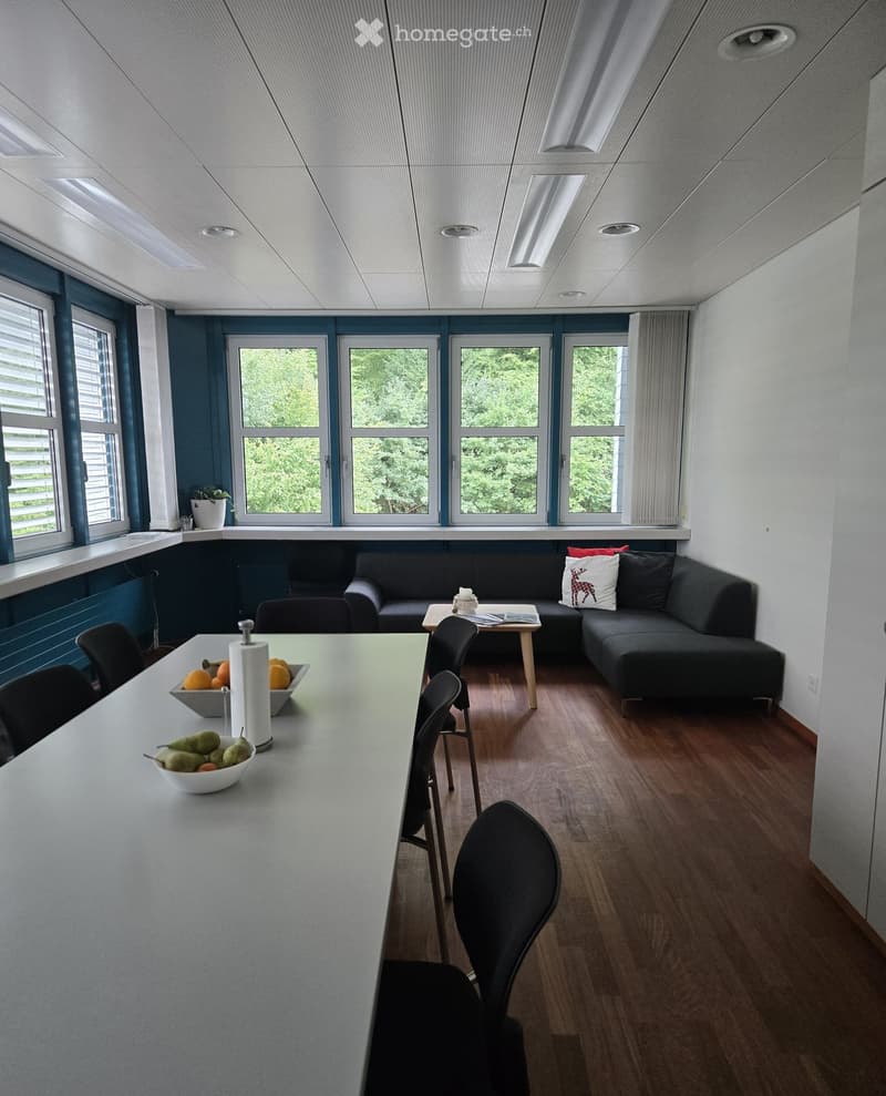 Modern living and dining area with a grey sofa, small coffee table, dining table with chairs, and a bowl of fruit on the counter.