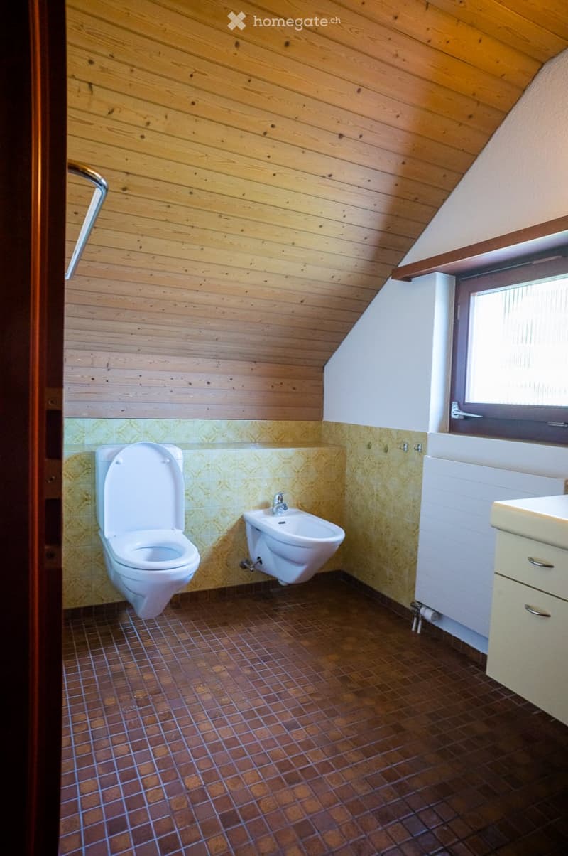 Bathroom with wooden walls and ceiling, brown tiled floor, toilet, bidet, sink, and cabinet.